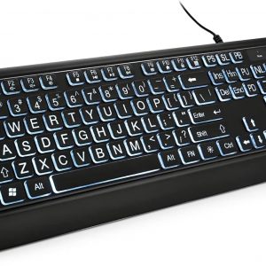 Improve visibility with our Large Print Backlit Keyboard. Features 4X larger letters, adjustable white LED lighting, and a quiet ergonomic design for seniors and low vision.