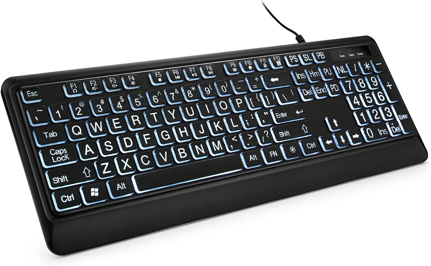 71lI0RJAInL._AC_SL1500_ Improve visibility with our Large Print Backlit Keyboard. Features 4X larger letters, adjustable white LED lighting, and a quiet ergonomic design for seniors and low vision.